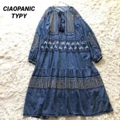 チャオパニックティピー【F】インディアデニムラメ刺繍ワンピース　ゆったり　ブルー