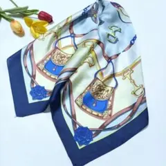 青 スカーフ 大判 ストール70×70cm シルクタッチ アレンジ