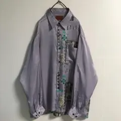 90s 古着 スモーキーパープル ジャガード 千鳥格子 異柄切替 ポリシャツ L