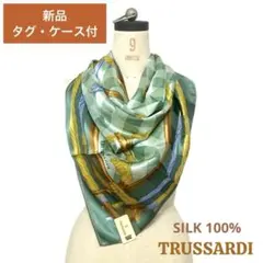 【新品 タグ付】 大判 シルクスカーフ トラサルディ グリーン チェック柄
