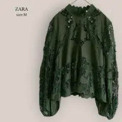 ザラZARA✨美品✨レースブラウス　総レース　刺繍　花柄　グリーン