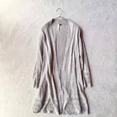 【アッシュイデアル】リブニットカーディガン（L）オープンフロント ロング丈 艶感