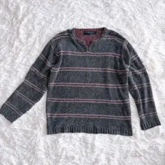 【美品】 COMMENTAGE モールニット キーネック ボーダー M グレー