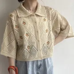 w closet 透かし編み 刺繍入り 襟付カーディガン キナリ FREEサイズのサムネイル