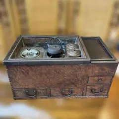 【骨董】関東火鉢　長火鉢　柿　木製　明治・大正時代作　レトロ　道具　灰付き 関東長火鉢 骨董 アンティーク 日本製 古民具 暮らしの道具