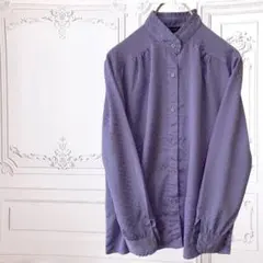 ブラウス シャツ 【M】パープル ちりめん 縮緬 スタンドカラー 光沢 長袖