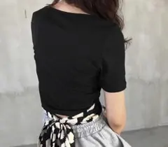 バックリボン 半袖 リブTシャツ ブラック