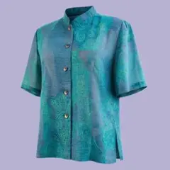 80s ヴィンテージ ペイズリー スタンドカラー 半袖シャツ 青緑 レトロ 総柄