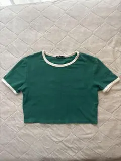 ZARA クロップド丈 リンガーTシャツ グリーン Lサイズのサムネイル