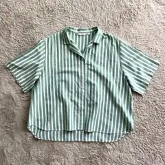 ユニクロ UNIQLO 緑と白のストライプ 半袖シャツ 麻 3XL ゆったりめ