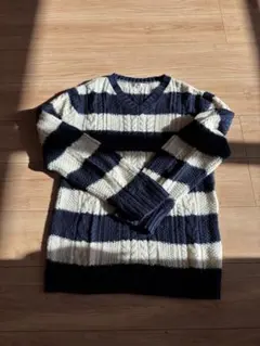 メンズ ネイビー×アイボリー ストライプ ニット XL