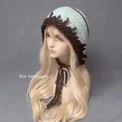 チョコミント　ボンネット　帽子　バラボンネット　ロリータ　ゆめかわ　ハンドメイド