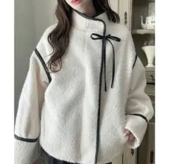 【完売品】JUNOAH Meiru　PUレザーリボンボアライトジャケット