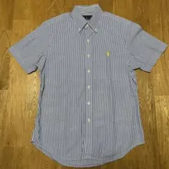 【美品】ポロ ラルフローレン 半袖 ストライプ BDシャツ 青×白 M 黄ポニー