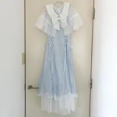 ワンピース 水色 フリル レース リボン ガーリー ロリータ 量産 ロング