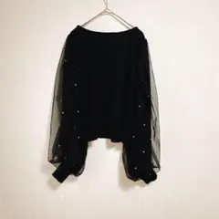 GRL チュール袖パール付きトップス黒 長袖 フェミニン 綺麗め通勤服 おしゃれ