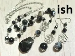 【A123】ish黒メノウラフカットドロップ・花チャームネックレス＆ピアス