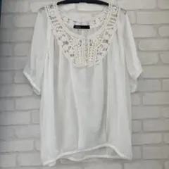 ホワイト かぎ編み装飾 五分袖チュニック