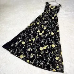 極美品✨ロートレアモン 花柄 ノースリーブロングワンピース イエロー　上品　黒のサムネイル