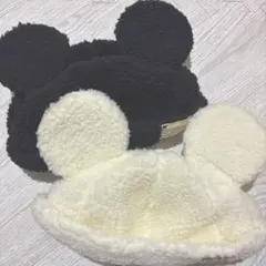 ミッキーマウス 耳付きフリース帽子 黒白　セット