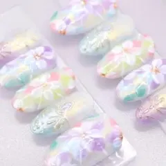 462ネイルチップMサイズ 韓国 上品 パステル フラワー マグネット　カラフル