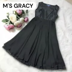 美品 エムズグレイシー バックリボンドッキングワンピース M 黒 サテン切替