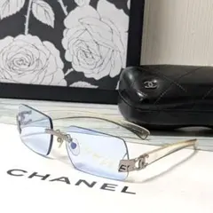 シャネル　サングラス　リムレス　シルバー　スクエア　ブルーレンズ　ココマーク
