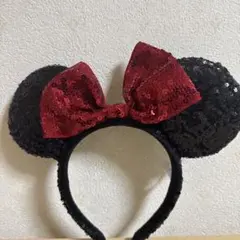 ミッキー耳カチューシャ 黒と赤のラメ