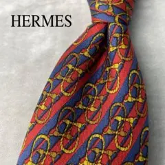 美品 HERMES エルメス イヤリング柄 ストライプ ネクタイ ネイビー 赤