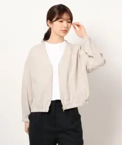 麻調ノーカラーブルゾン ベージュ Vネック ジップアップジャケット 春