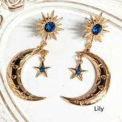 ✨ 月 星 太陽 ゴールド ブルー ピアス 青 ヴィンテージ レトロ