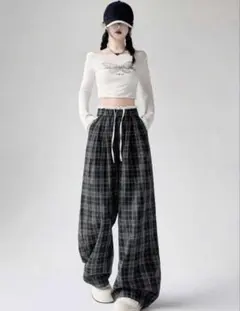 SHEIN アメリカンスタイル チェック柄 ワイドレッグパンツ Sサイズ