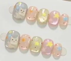 ネイルチップ ハンドメイド マグネット 手描き 猫 ドット スター y2k 星