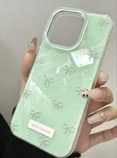 iPhoneケース リボン柄 パステルグリーン おしゃれ