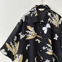Vintage すずらん×蝶々モチーフ　シアーブラウス 半袖　レトロ　日本製のサムネイル