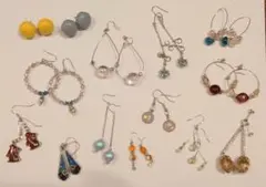 ハンドメイドピアス14個セット　シルバー色　レジン　ビーズ　スワロフスキー