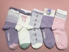 キッズ靴下5足セット♡花柄 パープル系 ナチュラルカラー 通常厚さ 新品