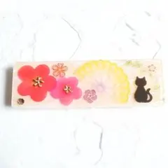 猫と梅花の和風ヘアクリップ
