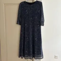 ⭐️ネイビー　花柄レース　七分袖　ドレスワンピース　インナー付き⭐️