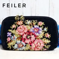 FEILER✨美品　フラワー柄 ポーチ 小物 財布 マルチ ブラック
