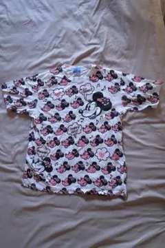 【ディズニー】 ミニーマウス 総柄 Tシャツ ピンク 黒　LL