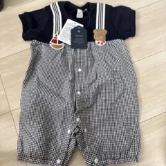 ネイビー チェック柄ロンパース 80