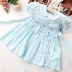 新品　スモッキングワンピース　水色　無地　可愛い　襟付き　夏　ファミリア　似