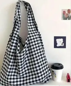 ギンガムチェック 白黒 トートバッグ 春 かわいい 通勤 通学 エコバッグ★