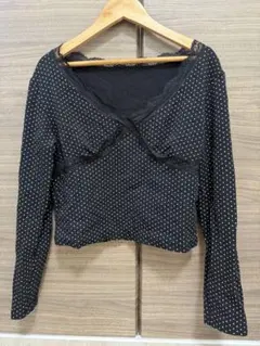 韓国風ミニマリストドット柄長袖Tシャツ レーストリミングブラウス（153）