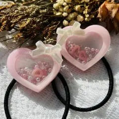 ハート♡リボンシャカシャカヘアゴム　（ピンク）