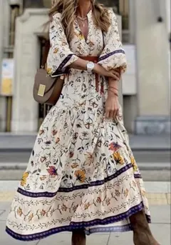 値下げ中　水彩風花柄Vネック　長袖ロングワンピース