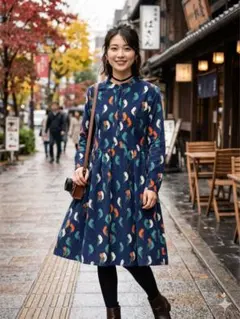 Fillil フィリル 鳥柄ワンピース ネイビー 長袖 バード柄 ワンピースのサムネイル