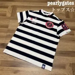 美品♡パーリーゲイツ♡半袖モックシャツ♡ホワイト♡ネイビー♡ボーダー♡マリン♡M