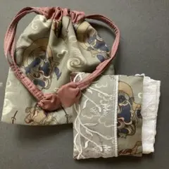 手作り35 ミニ巾着とポケットティッシュケース　ハンドメイド　風神雷神　和柄
